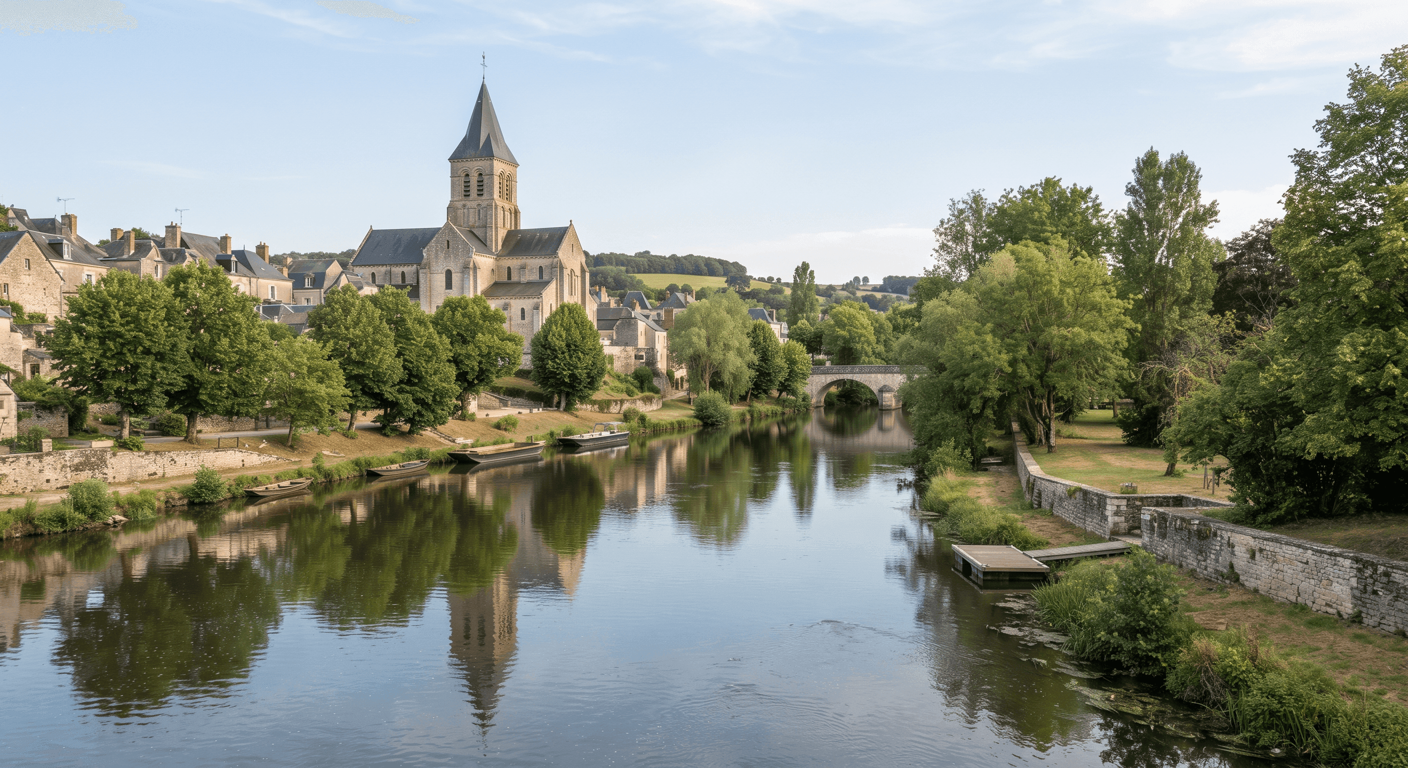 L'église et la Sarthe à Châteauneuf-sur-Sarthe